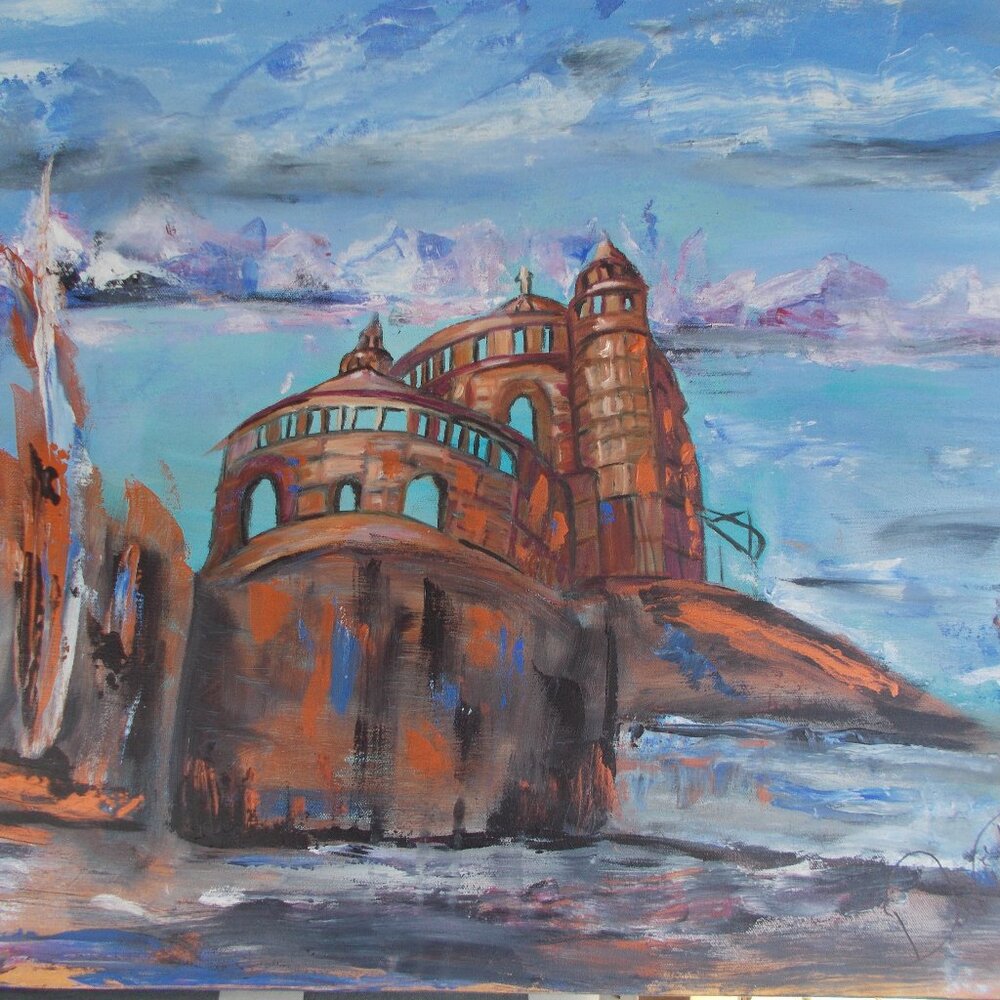 Original "Seaside Castle" acrylic 30"x24"x1.5" painting by Davila, signed